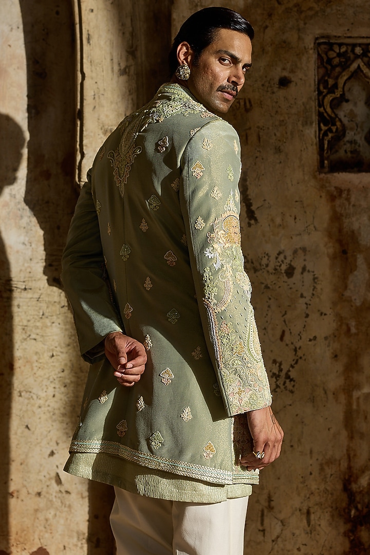Pastel Green Tissue Moti Embroidered Groom Indowestern Set by ASUKA at Pernia's Pop Up Shop
