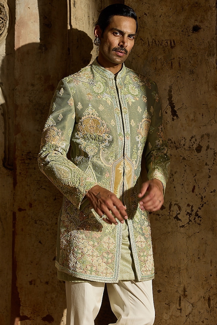 Pastel Green Tissue Moti Embroidered Groom Indowestern Set by ASUKA at Pernia's Pop Up Shop