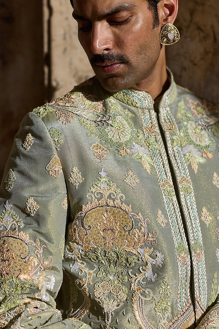 Pastel Green Tissue Moti Embroidered Groom Indowestern Set by ASUKA at Pernia's Pop Up Shop