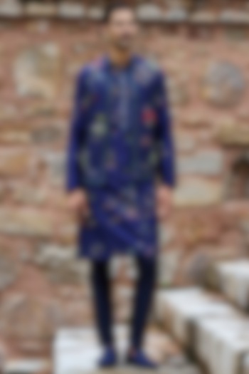 Midnight Blue Raw Silk Moti Embroidered Bundi Jacket Set by ASUKA at Pernia's Pop Up Shop