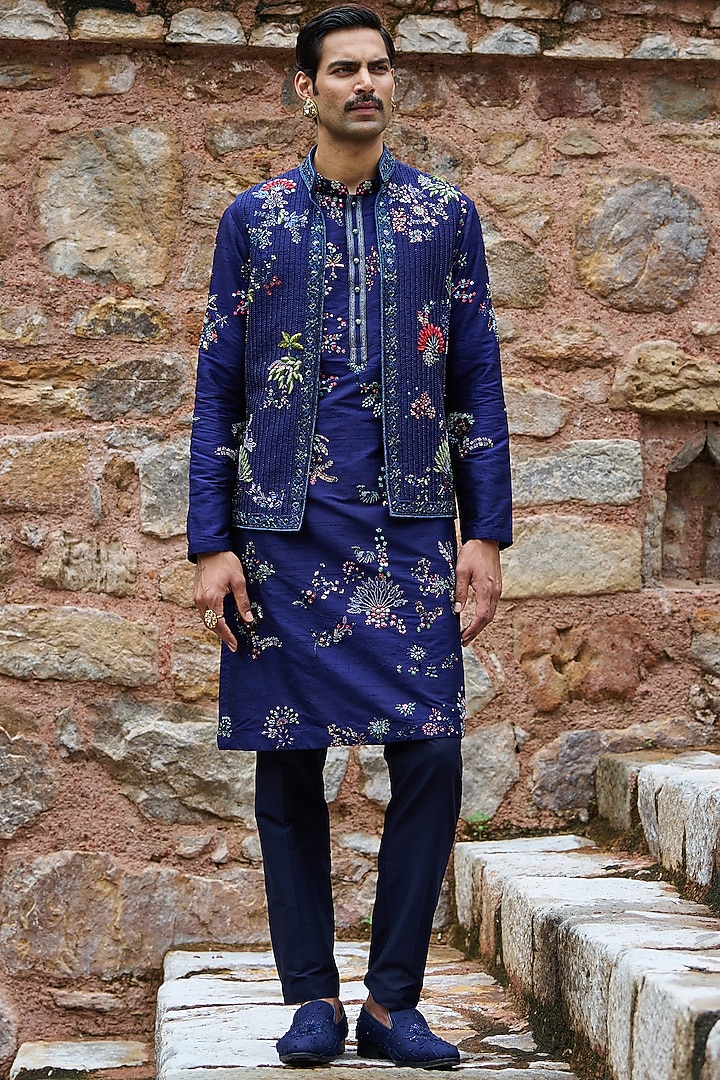Midnight Blue Raw Silk Moti Embroidered Bundi Jacket Set by ASUKA at Pernia's Pop Up Shop