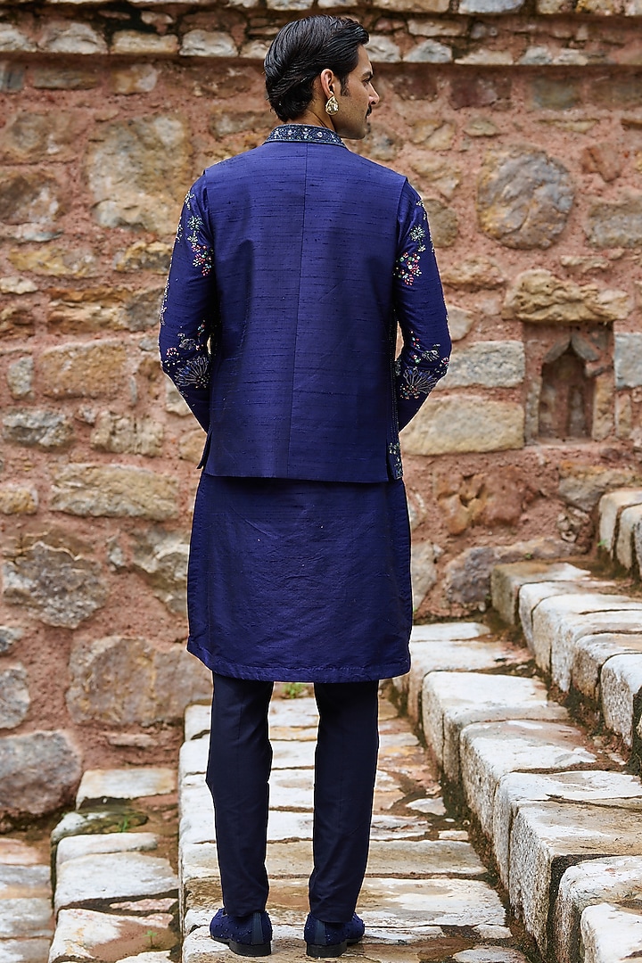 Midnight Blue Raw Silk Moti Embroidered Bundi Jacket Set by ASUKA at Pernia's Pop Up Shop