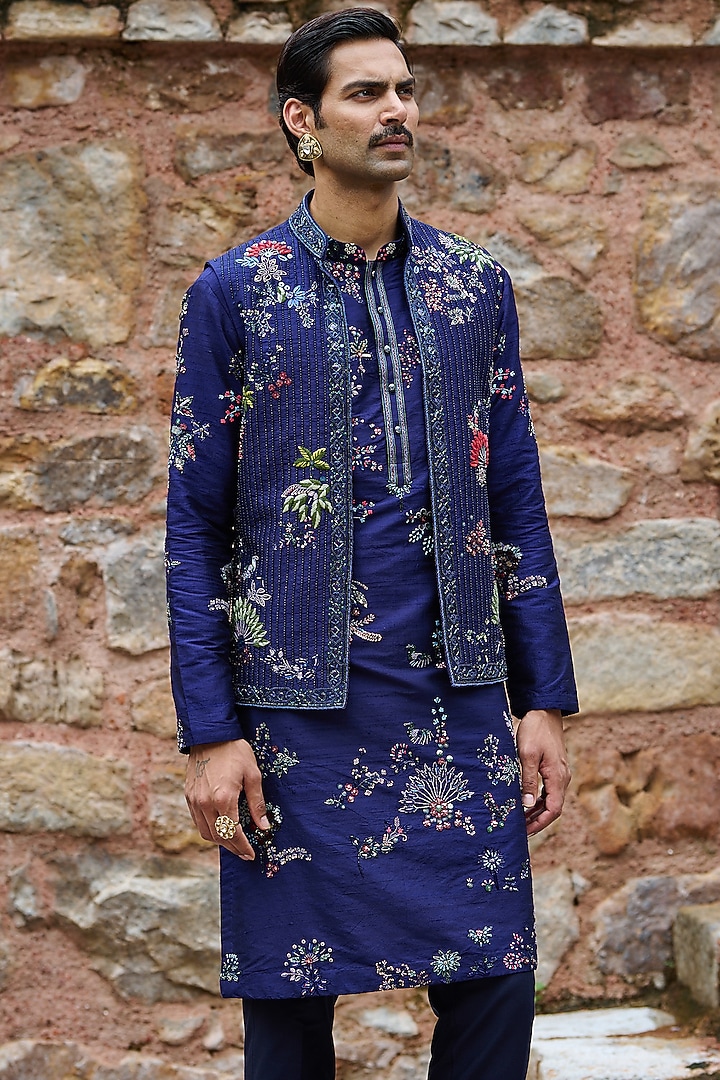 Midnight Blue Raw Silk Moti Embroidered Bundi Jacket Set by ASUKA at Pernia's Pop Up Shop
