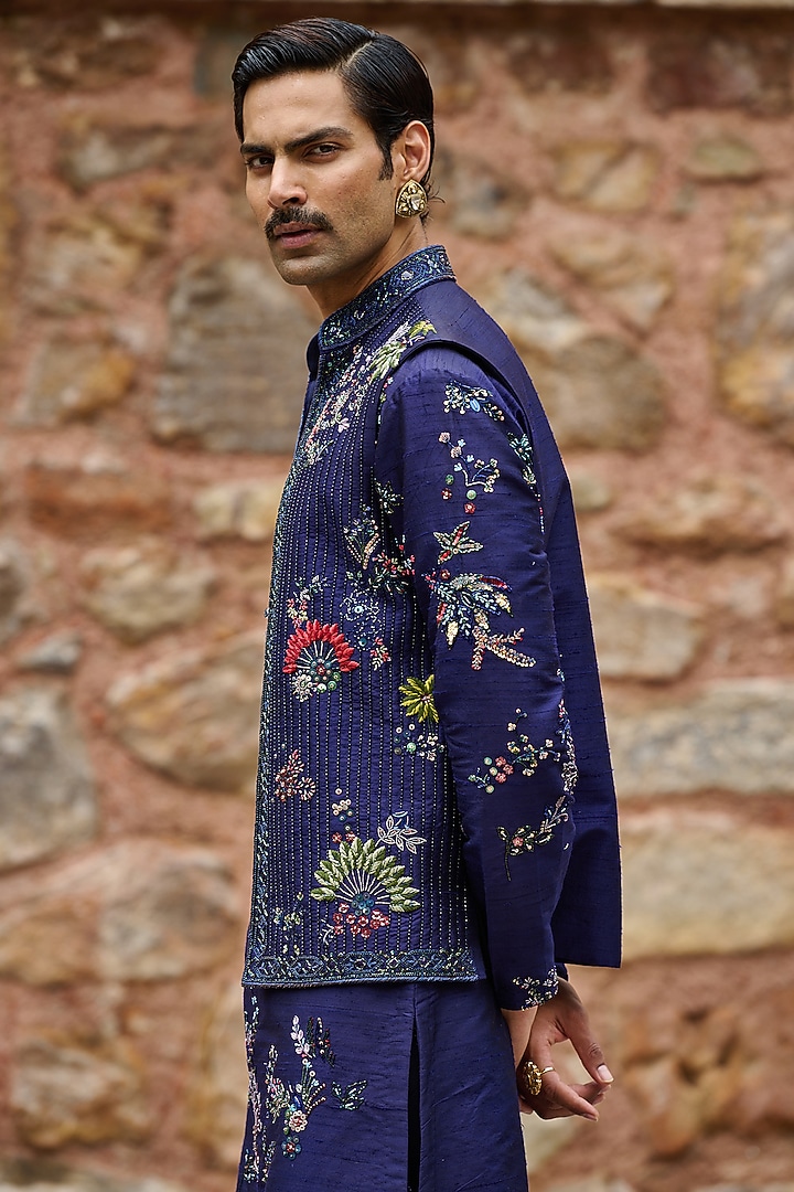 Midnight Blue Raw Silk Moti Embroidered Bundi Jacket Set by ASUKA at Pernia's Pop Up Shop