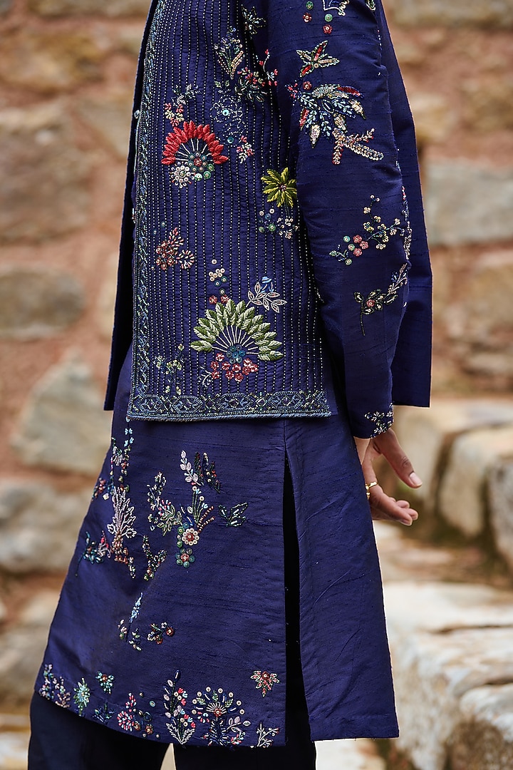 Midnight Blue Raw Silk Moti Embroidered Bundi Jacket Set by ASUKA at Pernia's Pop Up Shop