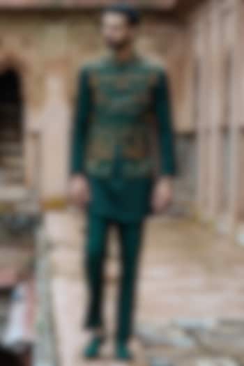 Cobalt Green Raw Silk Cutdana Embroidered Bundi Jacket Set by ASUKA at Pernia's Pop Up Shop