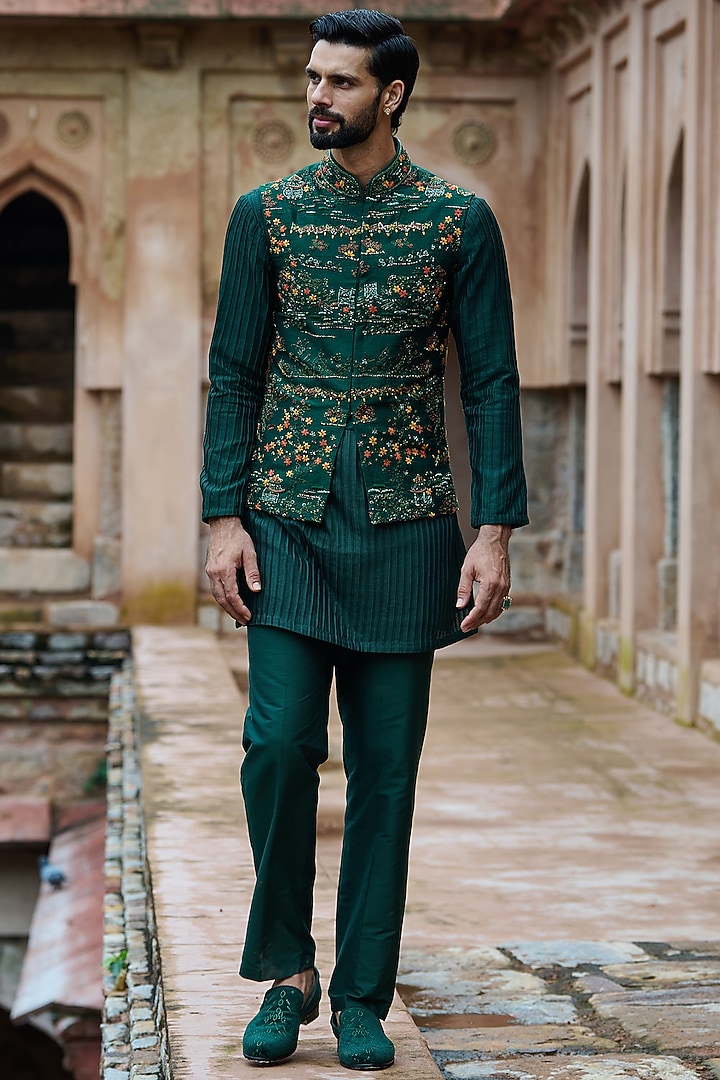 Cobalt Green Raw Silk Cutdana Embroidered Bundi Jacket Set by ASUKA at Pernia's Pop Up Shop