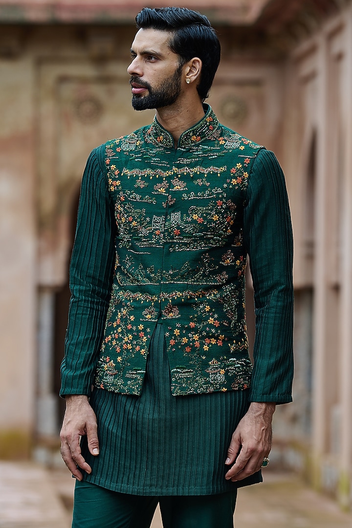 Cobalt Green Raw Silk Cutdana Embroidered Bundi Jacket Set by ASUKA at Pernia's Pop Up Shop