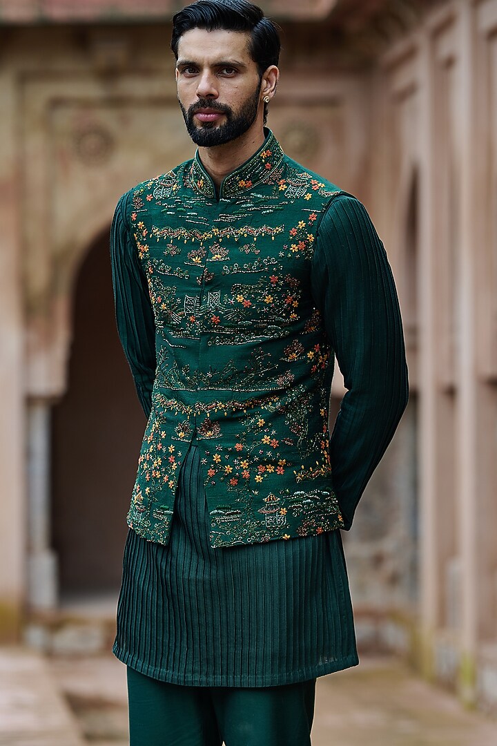Cobalt Green Raw Silk Cutdana Embroidered Bundi Jacket Set by ASUKA at Pernia's Pop Up Shop