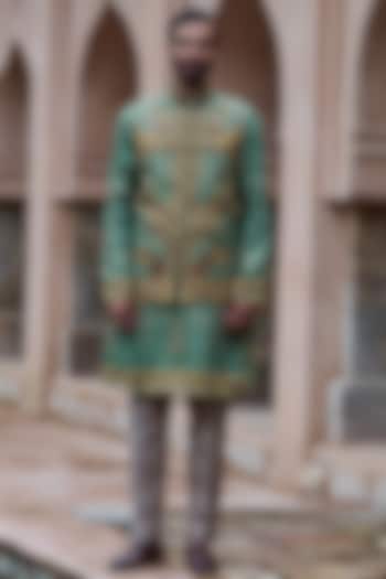 Earthy Green Cotton Linen Resham Embroidered Bundi Jacket Set by ASUKA at Pernia's Pop Up Shop