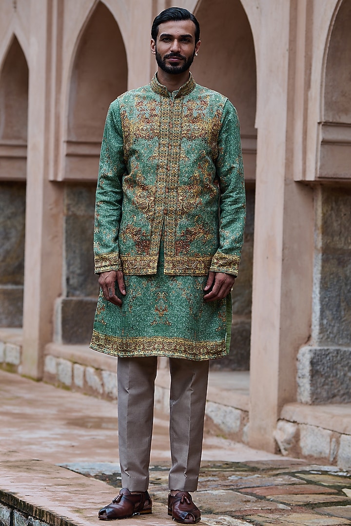 Earthy Green Cotton Linen Resham Embroidered Bundi Jacket Set by ASUKA at Pernia's Pop Up Shop