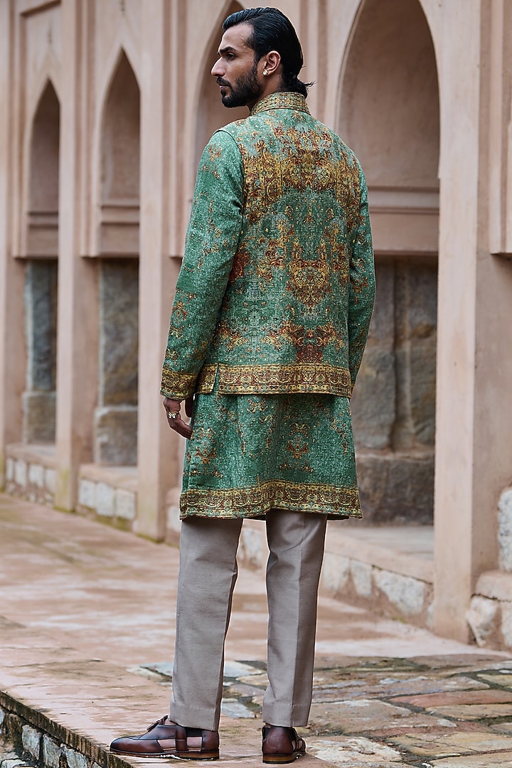 Earthy Green Cotton Linen Resham Embroidered Bundi Jacket Set by ASUKA at Pernia's Pop Up Shop
