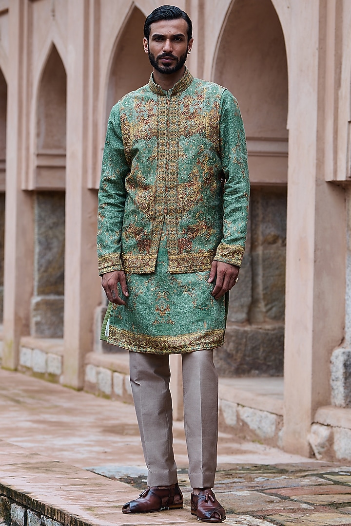 Earthy Green Cotton Linen Resham Embroidered Bundi Jacket Set by ASUKA at Pernia's Pop Up Shop