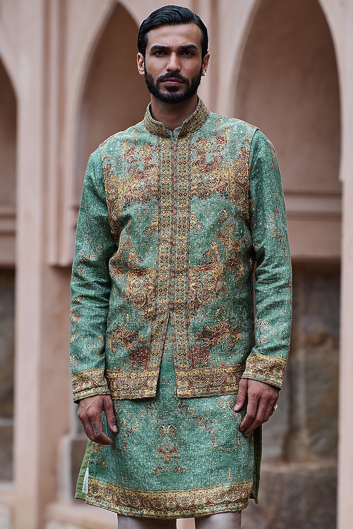 Earthy Green Cotton Linen Resham Embroidered Bundi Jacket Set by ASUKA at Pernia's Pop Up Shop