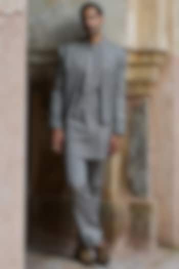 Mouse Grey Satin Silk Dabka Embroidered Groom Bandhgala Set by ASUKA at Pernia's Pop Up Shop