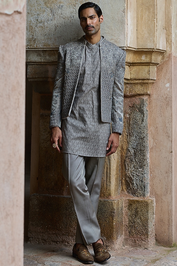 Mouse Grey Satin Silk Dabka Embroidered Groom Bandhgala Set by ASUKA at Pernia's Pop Up Shop