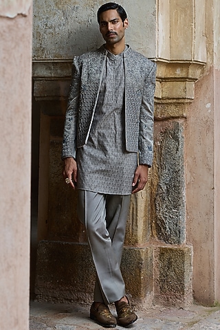 Mouse Grey Satin Silk Dabka Embroidered Bandhgala Set by ASUKA