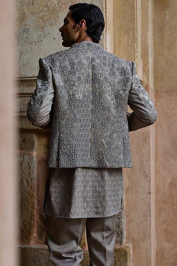 Mouse Grey Satin Silk Dabka Embroidered Groom Bandhgala Set by ASUKA at Pernia's Pop Up Shop