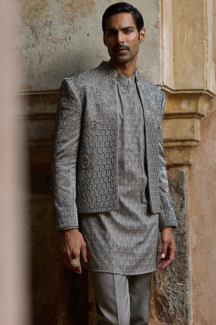 Mouse Grey Satin Silk Dabka Embroidered Groom Bandhgala Set by ASUKA at Pernia's Pop Up Shop