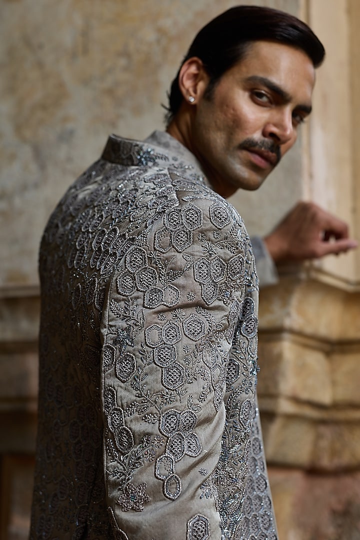 Mouse Grey Satin Silk Dabka Embroidered Groom Bandhgala Set by ASUKA at Pernia's Pop Up Shop