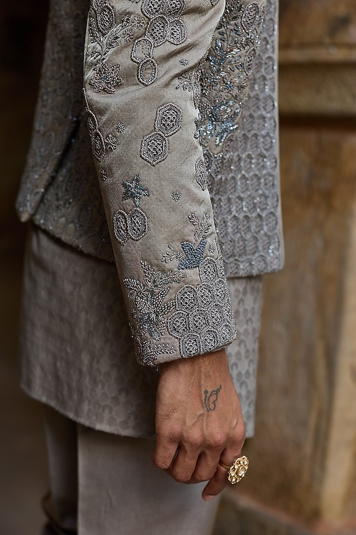 Mouse Grey Satin Silk Dabka Embroidered Groom Bandhgala Set by ASUKA at Pernia's Pop Up Shop