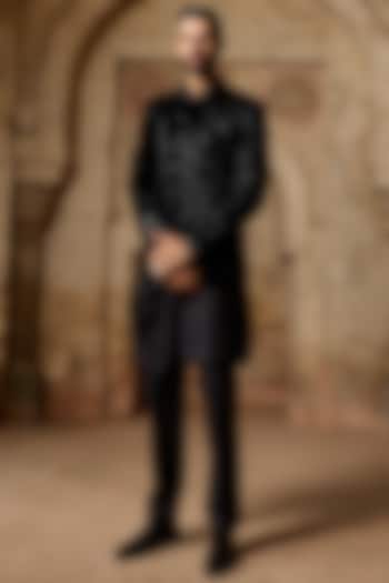 Black Cotton Velvet Resham Hand Embellished Wedding Bandhgala Set by ASUKA at Pernia's Pop Up Shop