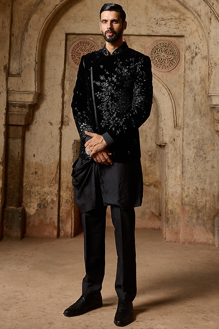 Black Cotton Velvet Resham Hand Embellished Wedding Bandhgala Set by ASUKA at Pernia's Pop Up Shop