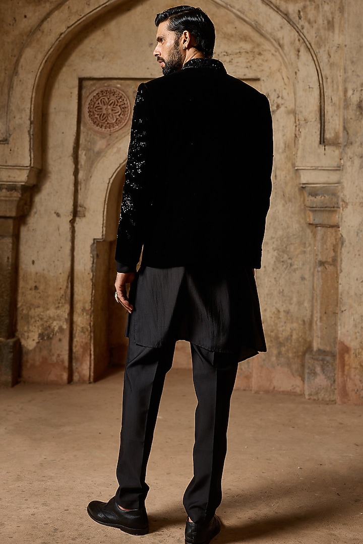 Black Cotton Velvet Resham Hand Embellished Wedding Bandhgala Set by ASUKA at Pernia's Pop Up Shop