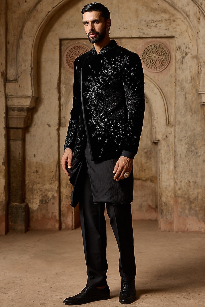 Black Cotton Velvet Resham Hand Embellished Wedding Bandhgala Set by ASUKA at Pernia's Pop Up Shop