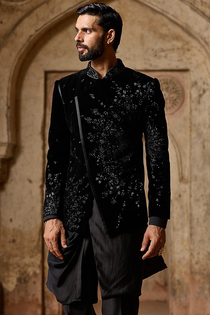Black Cotton Velvet Resham Hand Embellished Wedding Bandhgala Set by ASUKA at Pernia's Pop Up Shop