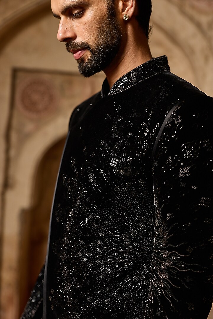 Black Cotton Velvet Resham Hand Embellished Wedding Bandhgala Set by ASUKA at Pernia's Pop Up Shop