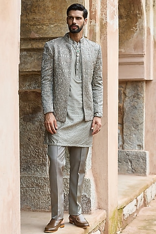 Mouse Grey Satin Silk Embroidered Bandhgala Set by ASUKA