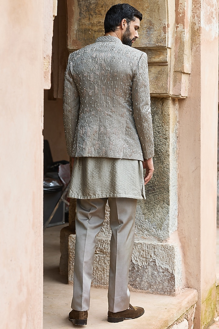 Mouse Grey Satin Silk Embroidered Wedding Bandhgala Set by ASUKA at Pernia's Pop Up Shop