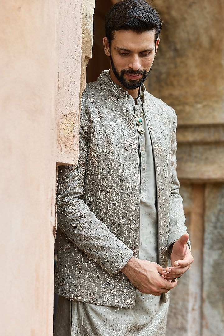 Mouse Grey Satin Silk Embroidered Wedding Bandhgala Set by ASUKA at Pernia's Pop Up Shop