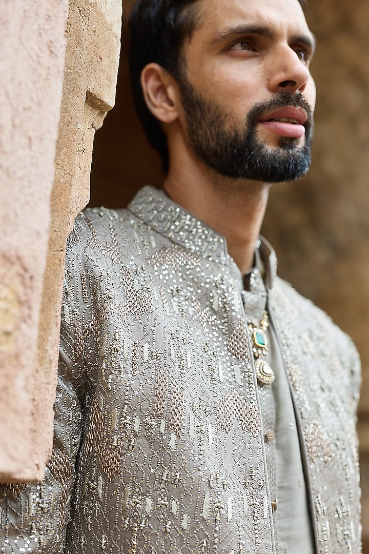 Mouse Grey Satin Silk Embroidered Wedding Bandhgala Set by ASUKA at Pernia's Pop Up Shop