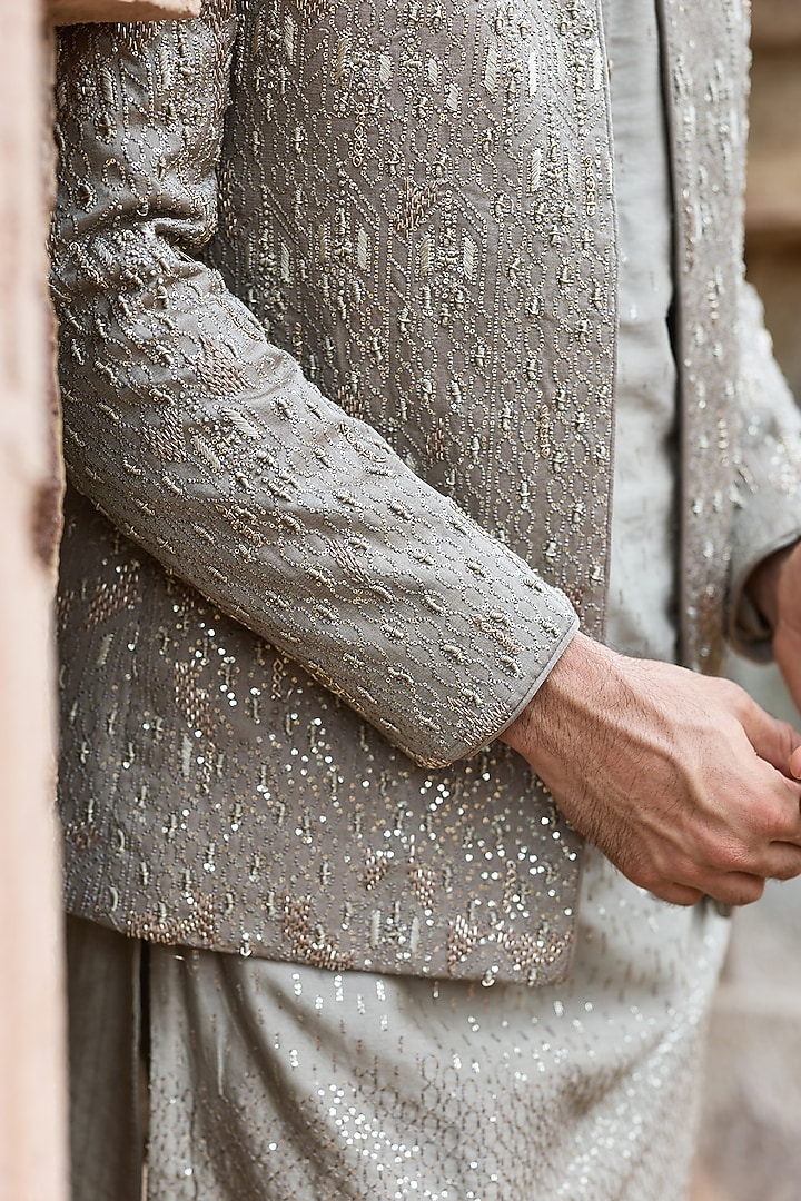 Mouse Grey Satin Silk Embroidered Wedding Bandhgala Set by ASUKA at Pernia's Pop Up Shop