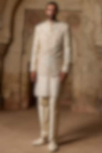 Off-White Raw Silk Cutdana Embroidered Groom Bandhgala Set by ASUKA at Pernia's Pop Up Shop