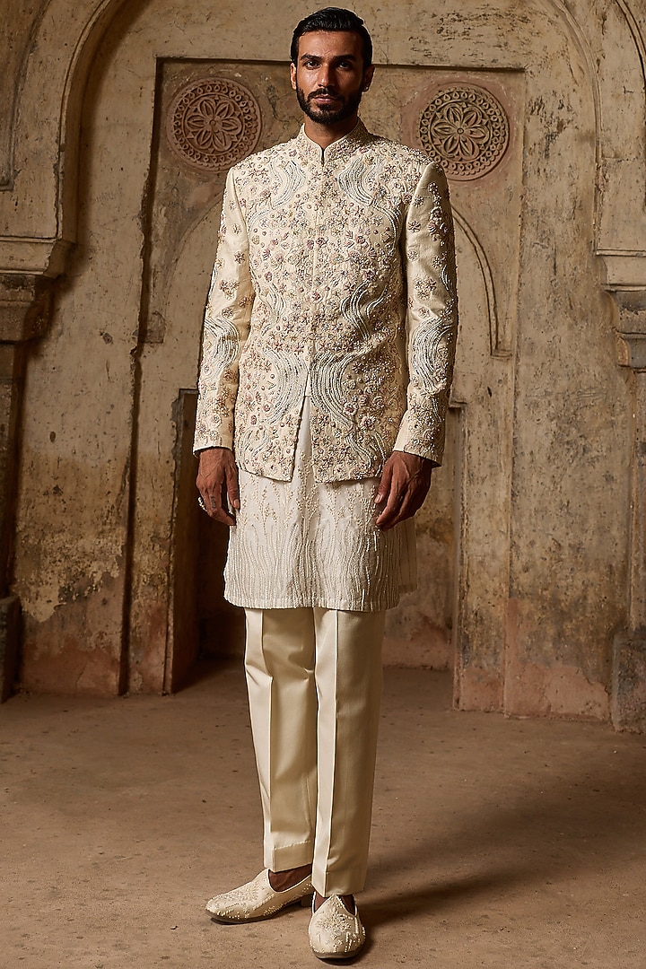 Off-White Raw Silk Cutdana Embroidered Groom Bandhgala Set by ASUKA at Pernia's Pop Up Shop
