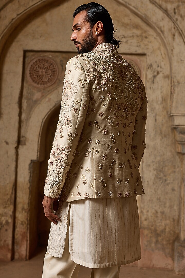 Off-White Raw Silk Cutdana Embroidered Groom Bandhgala Set by ASUKA at Pernia's Pop Up Shop