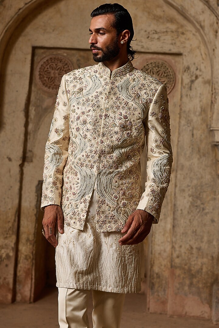 Off-White Raw Silk Cutdana Embroidered Groom Bandhgala Set by ASUKA at Pernia's Pop Up Shop