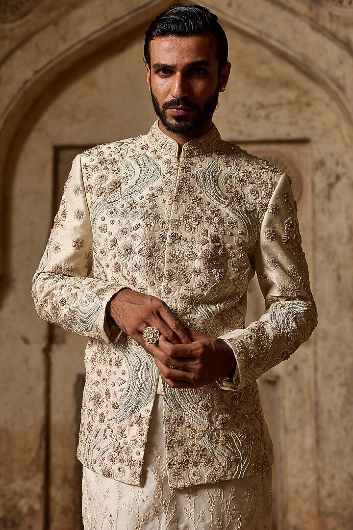 Off-White Raw Silk Cutdana Embroidered Groom Bandhgala Set by ASUKA at Pernia's Pop Up Shop