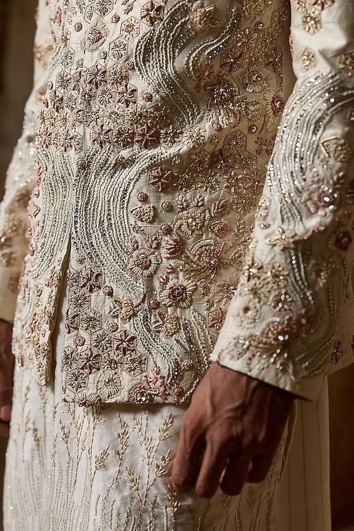 Off-White Raw Silk Cutdana Embroidered Groom Bandhgala Set by ASUKA at Pernia's Pop Up Shop