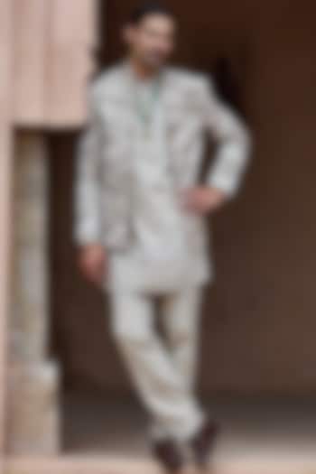 Beige Textured Suiting Hand Embellished Open Wedding Bandhgala Set by ASUKA at Pernia's Pop Up Shop