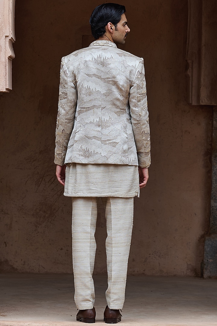 Beige Textured Suiting Hand Embellished Open Wedding Bandhgala Set by ASUKA at Pernia's Pop Up Shop