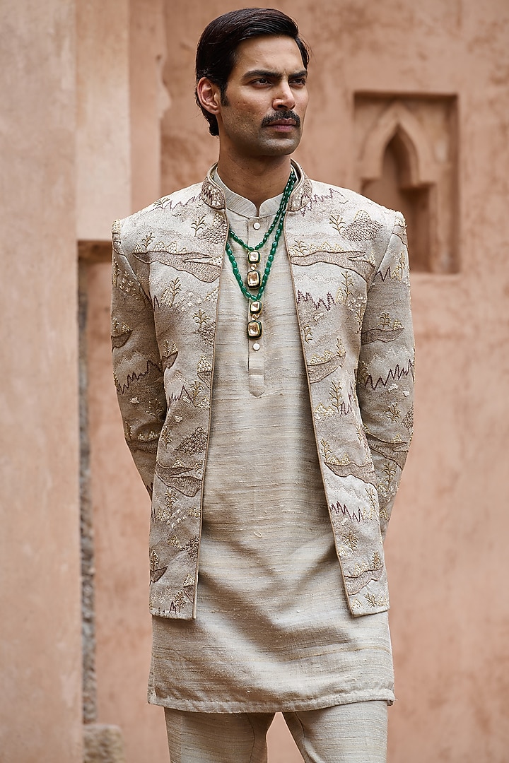 Beige Textured Suiting Hand Embellished Open Wedding Bandhgala Set by ASUKA at Pernia's Pop Up Shop