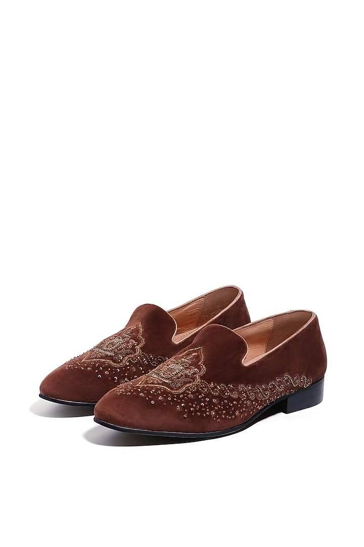 Brown Velvet Cutdana Embroidered Loafers by ASUKA at Pernia's Pop Up Shop