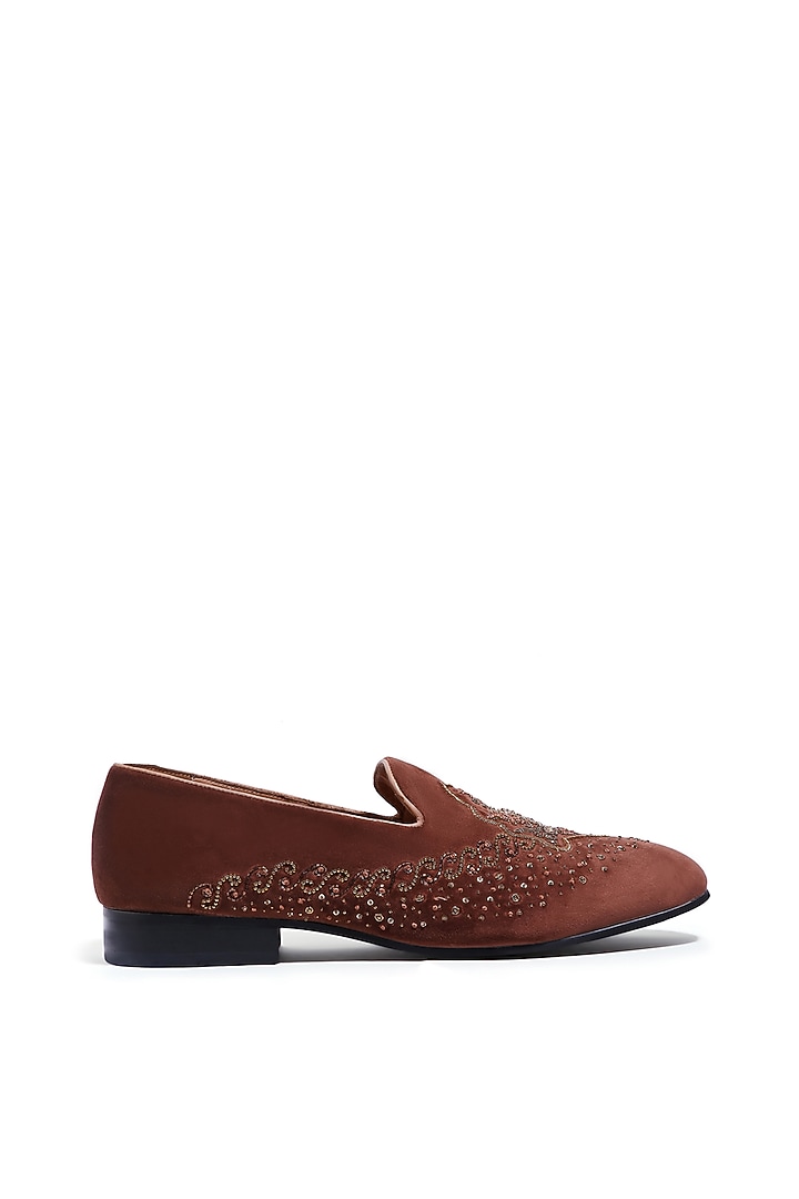 Brown Velvet Cutdana Embroidered Loafers by ASUKA at Pernia's Pop Up Shop