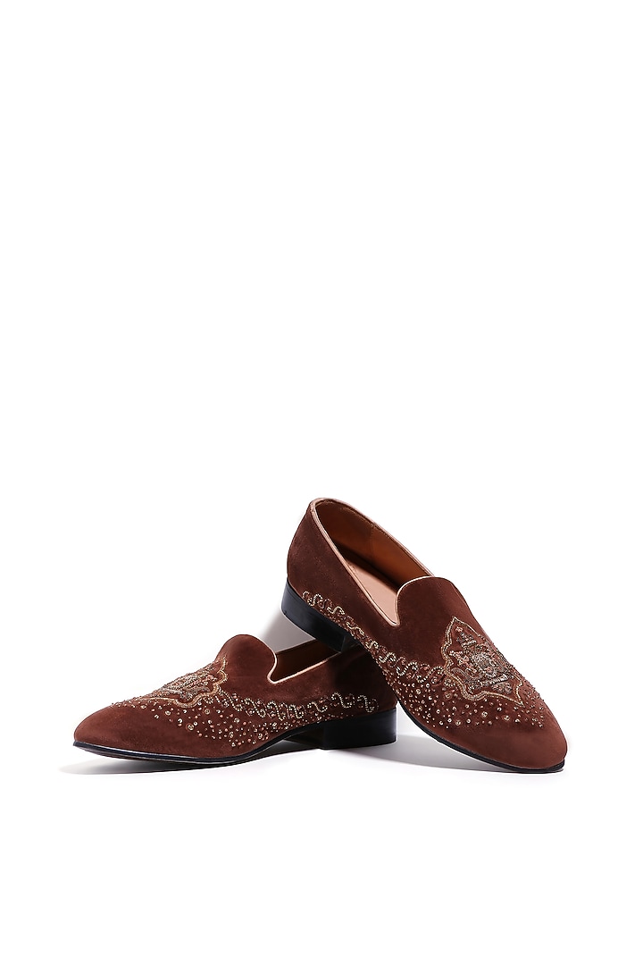 Brown Velvet Cutdana Embroidered Loafers by ASUKA at Pernia's Pop Up Shop