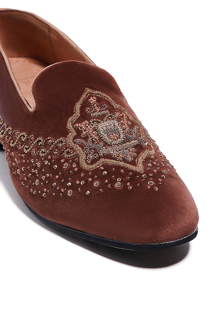 Brown Velvet Cutdana Embroidered Loafers by ASUKA at Pernia's Pop Up Shop