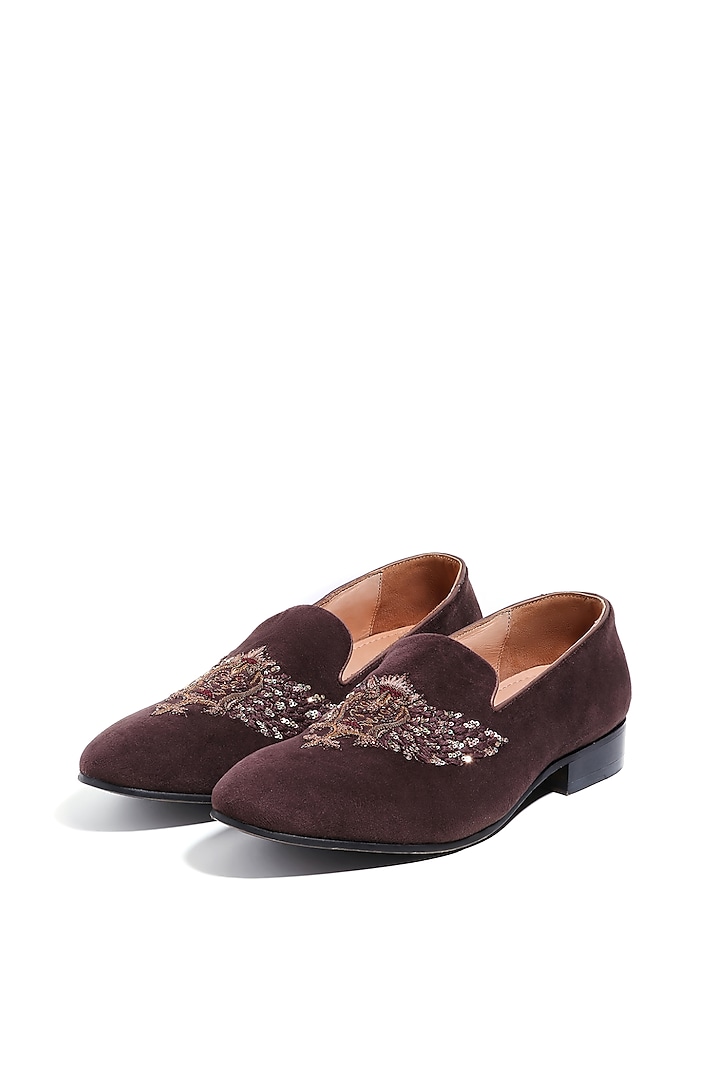 Chocolate Brown Velvet Cutdana Embroidered Loafers by ASUKA